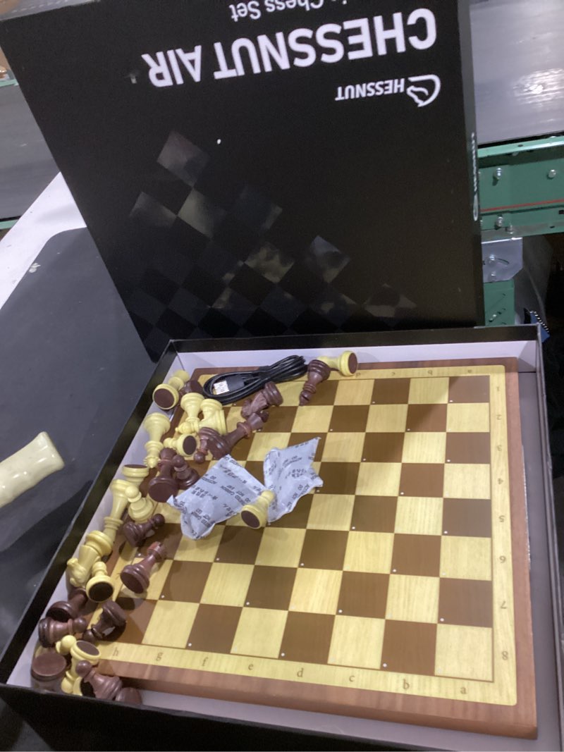 Condition photo showing As Is for chessnut air electronic chess set, a magnificently handcrafted wooden chess board with extra queens,leds, ai adaptive electronic chess set game and app with computer chess board