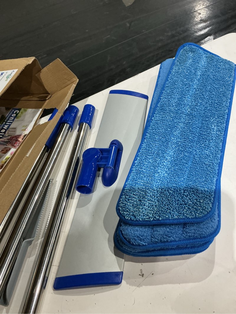 Condition photo showing As Is for 18" professional microfiber mop floor cleaning system, flat mop with stainless steel handle, 4 reusable washable mop pads, wet and dust mopping for hardwood, vinyl, laminate, tile cleaning blue