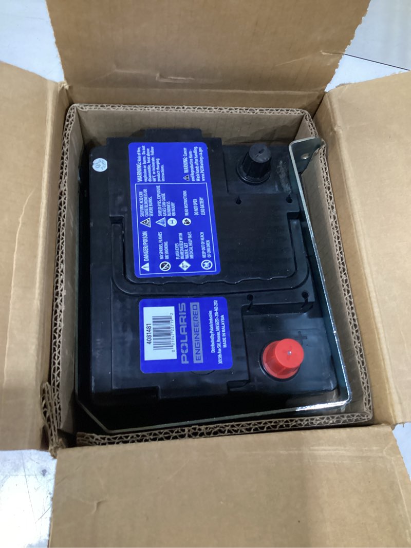 Condition photo showing As Is for polaris heavy duty agm battery for highly accessorized vehicles, part 4081481, fully sealed leak-proof and vibration resistant, charges faster and holds charge longer in all conditions, made to fit