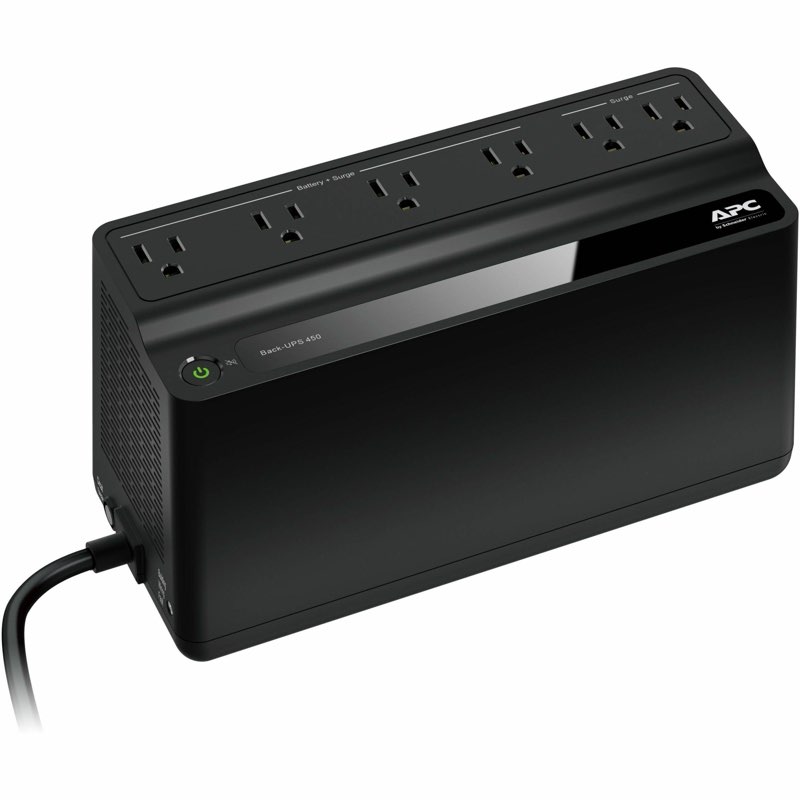 apc ups 450va battery backup surge protector, bn450m backup battery power supply, 6 outlets