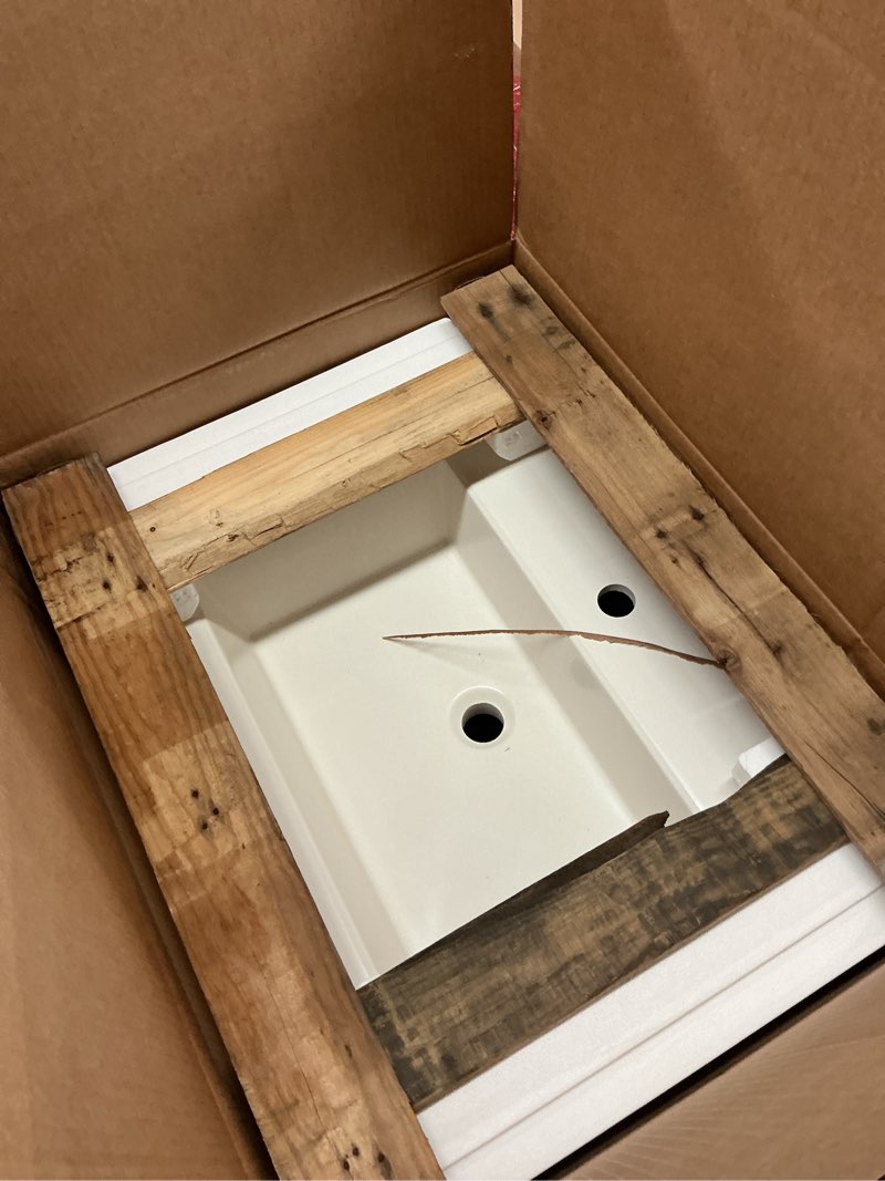 Condition photo showing Good Condition for spring mill cabinets kelby 24 inch modern floating bathroom vanity with white single sink top, 2-door cabinet, 24.5" w x 18.75" d x 22.25" h, caramel mist caramel mist 24.5" w x 18.75" d x 22.25" h