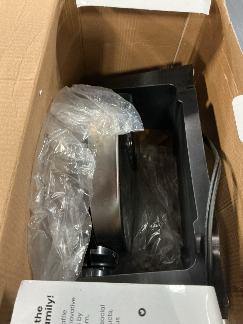 Condition photo showing As Is for Chefman Rotating Belgian Waffle Maker, 180° Flip Iron w/ Non-Stick Plates, Adjustable Timer, Locking Lid, & Drip Plate, Space Saving Storage, Mess-Free Breakfast, Stainless Steel/Black