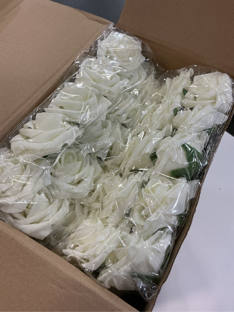 Condition photo showing New/Like New for tigeen 200 pack artificial foam rose flowers with stems artificial flowers real looking fake roses bulk for diy wedding bouquets bridal shower centerpieces floral arrangements home decoration (white)