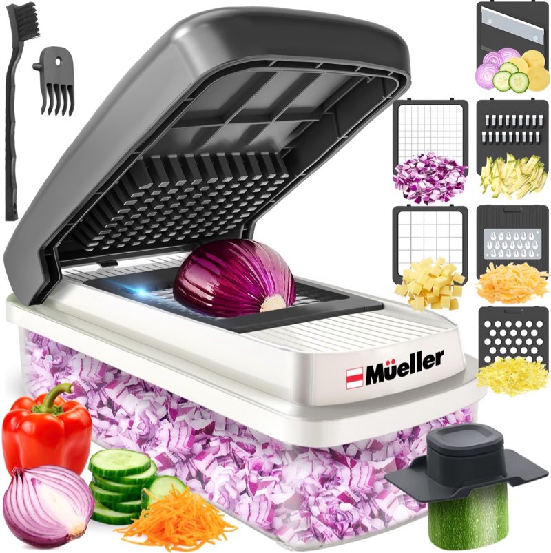 Mueller Vegetable Chopper Mandoline Slicer, Food Veggie Chopper, Cheese Grater, Onion Vegetable Cutter with Container, Dicer, Kitchen Gadgets & Essentials, White Sand/Grey