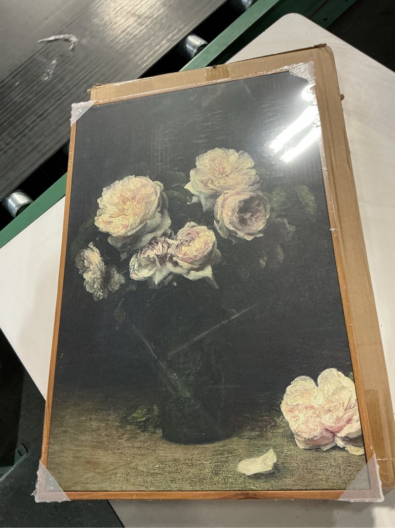 Condition photo showing item condition for VIYYIEA Floral Large Framed Wall Art, Rose Flower Vintage Art Decor Room Aesthetic, 16X24 Inch Canvas Print Art, Farmhouse Still Life Painting Wall Decor for Bedroom Bathroom Office Rose in Glass 24"L x 16"W