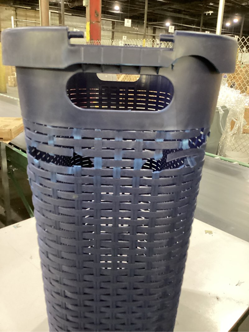Condition photo showing As Is for Mind Reader Slim Laundry Hamper with Lid, 40L Clothes Basket, Premium Wicker Design, Plastic, Navy Navy Single