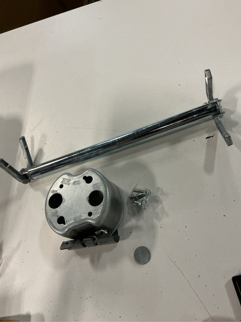 Condition photo showing As Is for retro-brace 16-to-24 in. ceiling fan brace with 2-1/8 in. deep box with two 1/2 in. ko's for old work, 1-pack