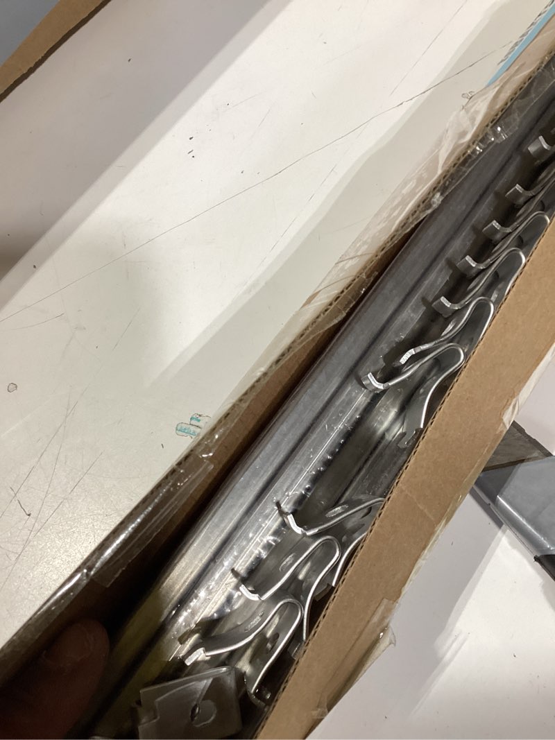 Condition photo showing New/Like New for 8 pcs 36 inch shelf pilaster with 40 clips and 72 screws, adjustable shelf brackets standard mortise mount metal shelves, steel wall mounted shelf pilaster light silver
