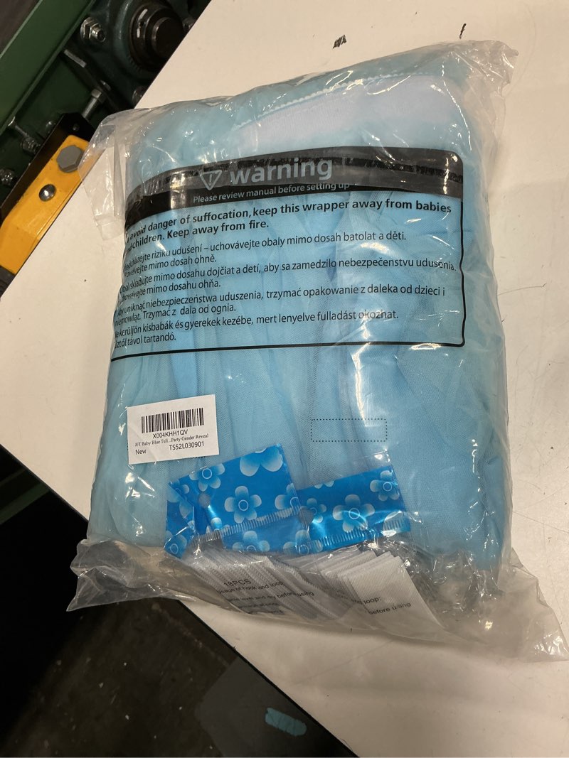 Condition photo showing New/Like New for 9ft baby blue tulle table skirt for rectangle or round tables 2-layer ruffle tulle tutu cloth desk table skirt with led lights for birthday party baby shower wedding decorations l 9(ft)*h 30in baby blue