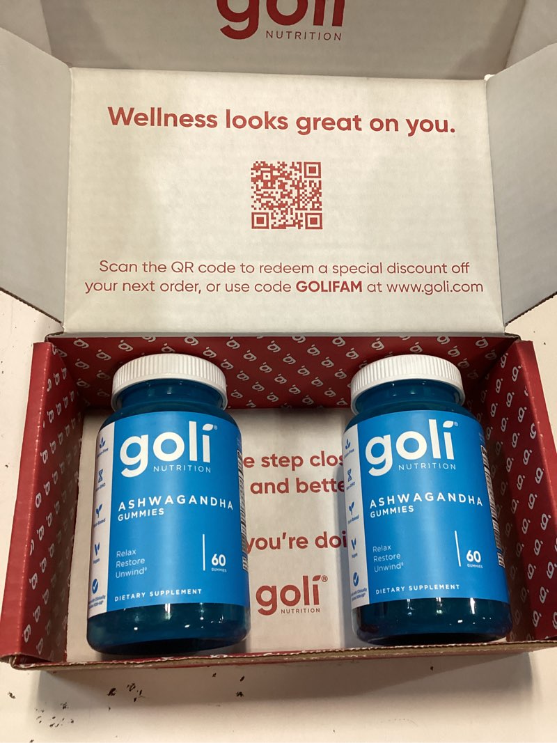 Condition photo showing New/Like New for (exp 12/2027) goli ashwagandha & vitamin d gummy 120 count - relax. restore. unwind. (mixed berry, ksm-66, vegan, plant based, non-gmo, gluten-free & gelatin free), pack of 2 mixed berry 120 count