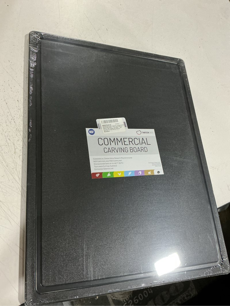 Condition photo showing New/Like New for commercial grade large 20 x 15 black cutting board with groove - 1/2" thick hdpe for grilling, bbq, steaks and meats - nsf approved for food service kitchens 20"l x 15"w black