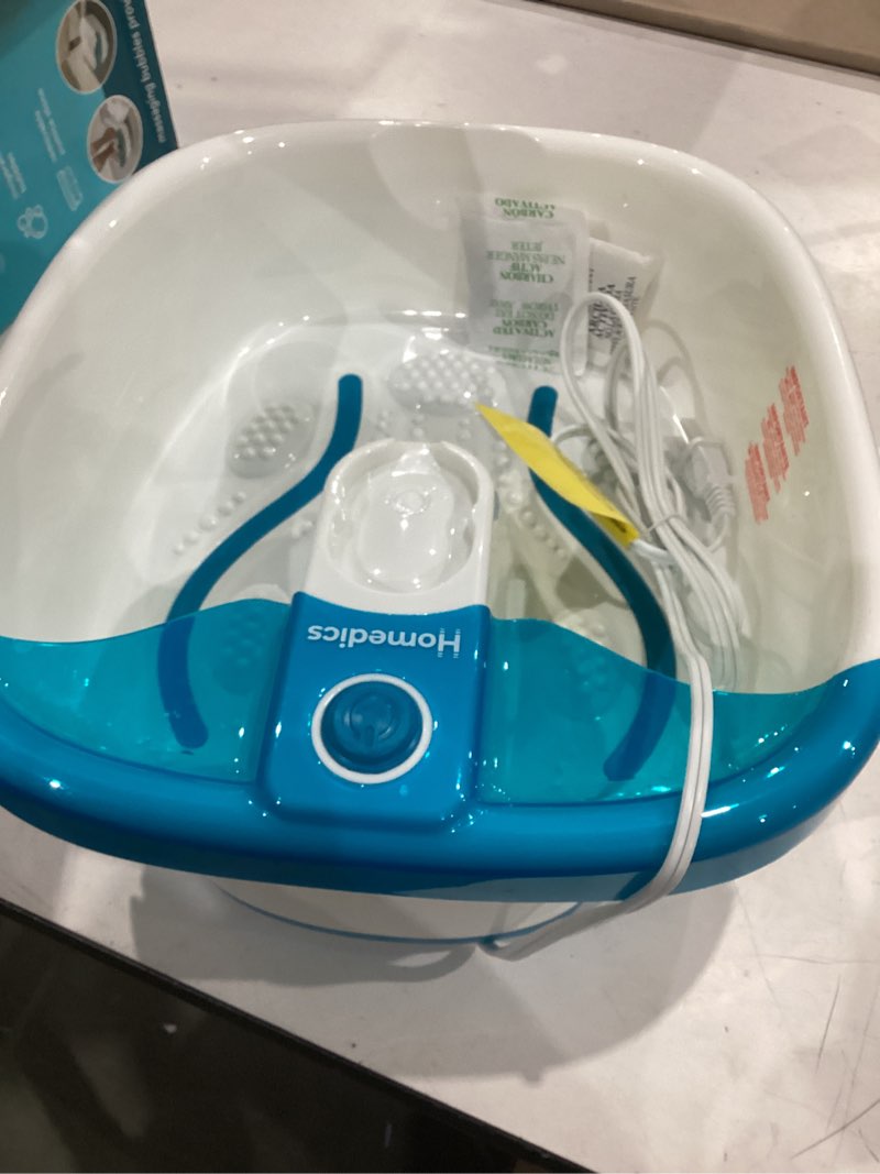 Condition photo showing Good Condition for homedics bubble mate foot spa, toe touch controlled foot bath with invigorating bubbles and splash proof, raised massage nodes and removable pumice stone