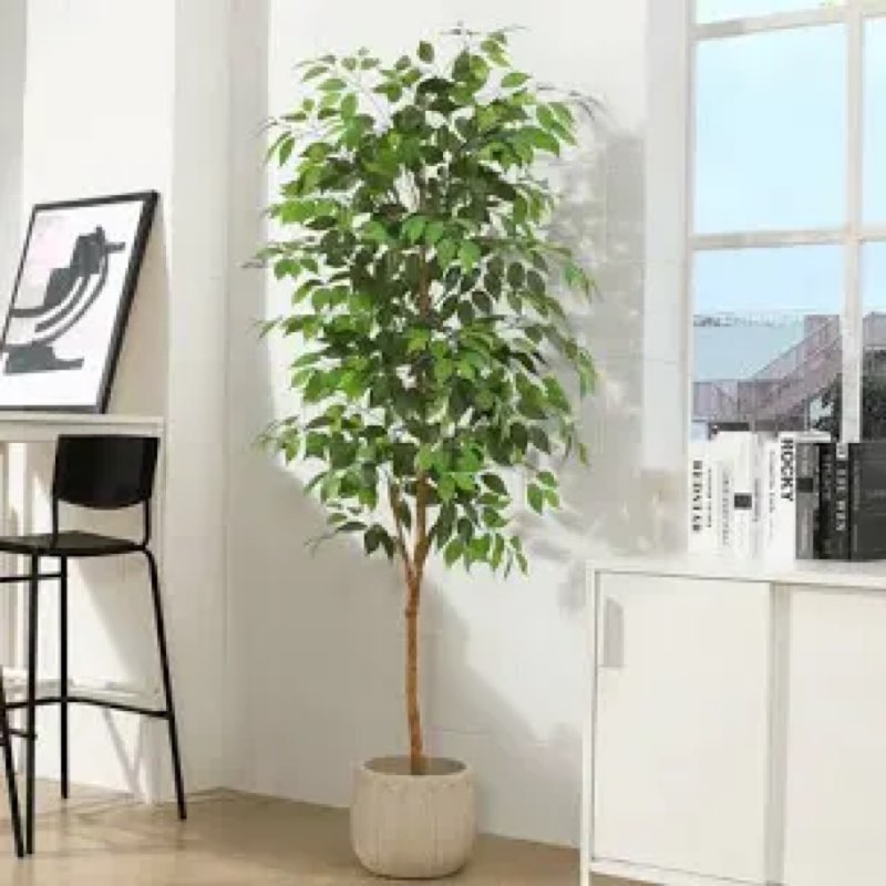 6ft artificial ficus tree with natural wood trunk and lifelike leaves, silk fake potted tree with wood branches