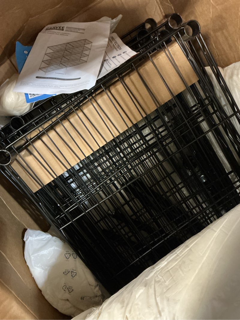 Condition photo showing As Is for durayloly 4- shelf metal shelving unit adjustable storage shelves heavy duty garage shelving steel wire shelving for laundry bathroom kitchen pantry closet garage black, 35.6wx16dx54h black-35.6"wx16"dx54"h