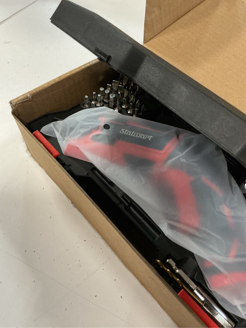 Condition photo showing Good Condition for electric screwdriver cordless drill with battery and charger - 45-piece cordless screwdriver set with led light, usb cable, dual position screw gun and bits for home, office and diy by stalwart (red) red and black