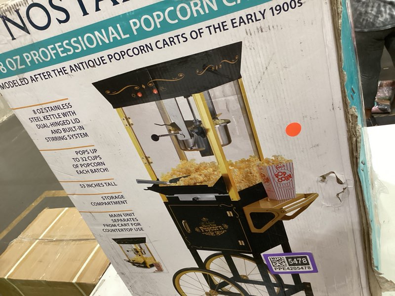 Condition photo showing As Is for nostalgia popcorn maker machine - professional cart with 8 oz kettle makes up to 32 cups - vintage popcorn machine movie theater style - black black 8 oz vintage classic
