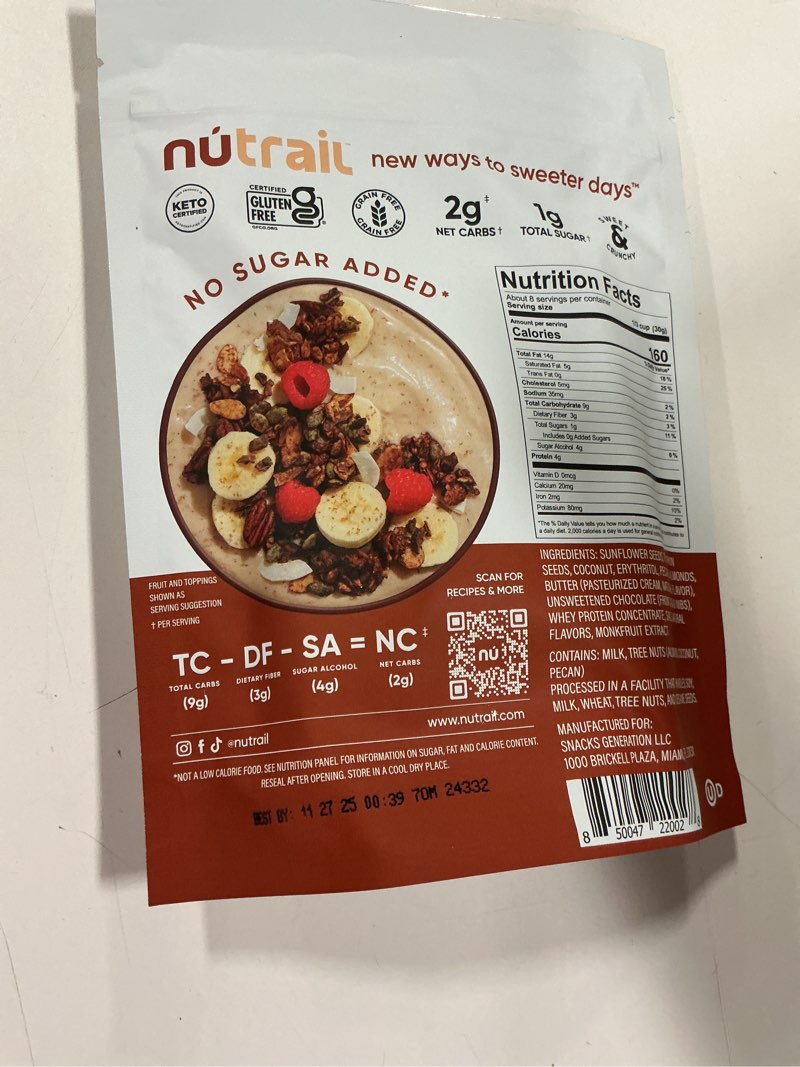 Condition photo showing New/Like New for NuTrail Nut Granola Cereal, Cinnamon Pecan, No Sugar Added, Gluten Free, Grain Free, Keto, Low Carb, Healthy Breakfast Cereal 8 Ounce (Pack of 6)… ( BB 11/27/25) 