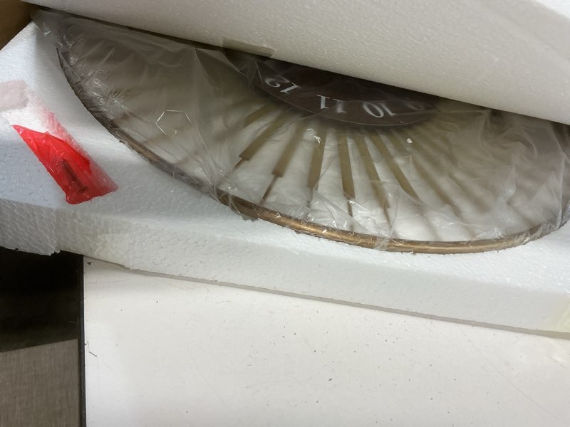 Condition photo showing New/Like New for 24 Inch Mid-Century Modern Wall Clock, Round Frame Metal Design with Walnut Wood Center, Silent Quartz Movement, Gold-Tone Accents – Decorative Wall Clock for Living Room, Bedroom, and Office F - Gold Clock