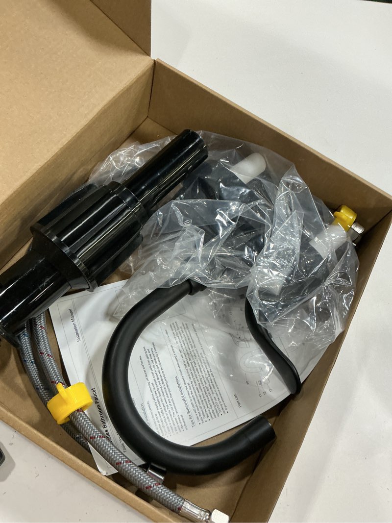 Condition photo showing As Is for KPW Bathroom Sink Faucet 2 or 3 Hole Matte Black Centerset 4 Inch Bathroom Sink Faucet 2 Handle Plating Over ABS Plastic Non-Metallic Lavatory Bathroom Faucet with Pop up Drain Water Supply Hoses Two Handle 5121 Matte Black