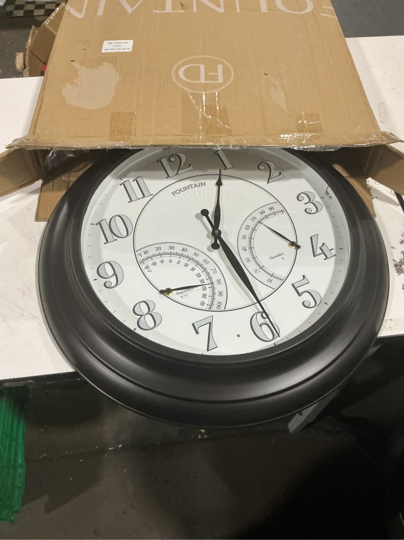 Condition photo showing Good Condition for 18 inch illuminated in/outdoor clock with smart sensor and night light, waterproof, large wall clock with thermometer & hygrometer for patio,pool and garden decor,oil rubbed bronze oil rubbed bronze black large
