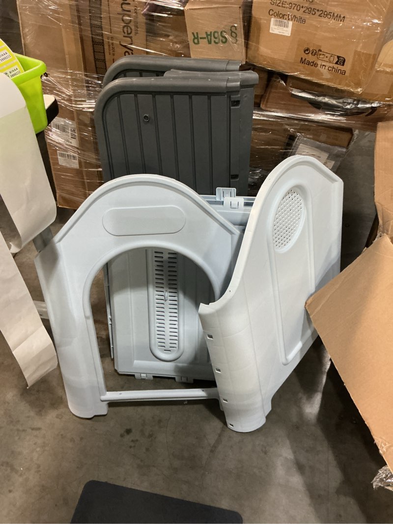 Condition photo showing As Is for mighty plastic dog cat kennel house weatherproof for indoor and outdoor pet shelter blue + grey (grey)