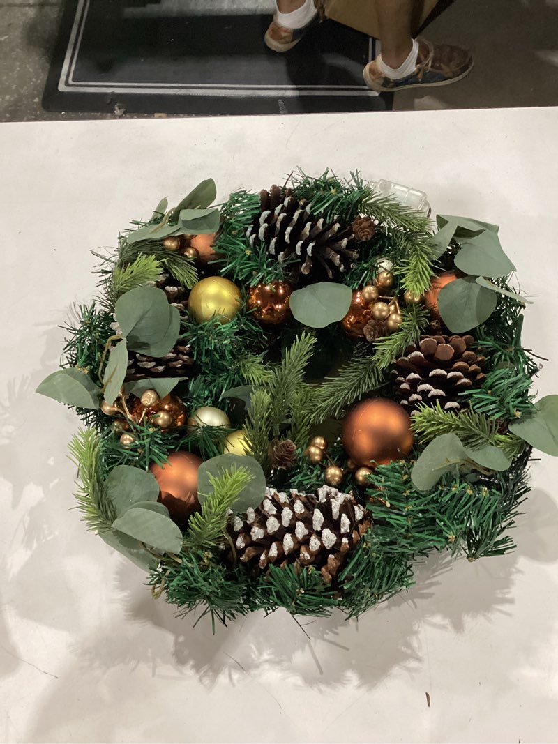 Condition photo showing Good Condition for wanna-cul pre-lit 20 inch lighted christmas wreath for front door decoration with copper gold christmas ball ornaments,battery operated 30 led lights 07-copper gold