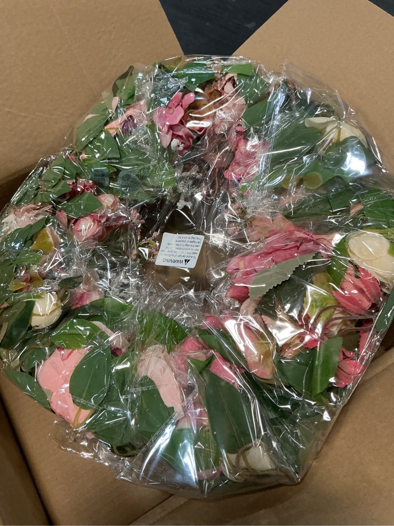 Condition photo showing Good Condition for [lighted & timer] 22" spring summer wreaths for front door peony wreath with lights pink silk flower hydrangea rose green leaves floral wreath for home wall window wedding party indoor outdoor decor pink peony