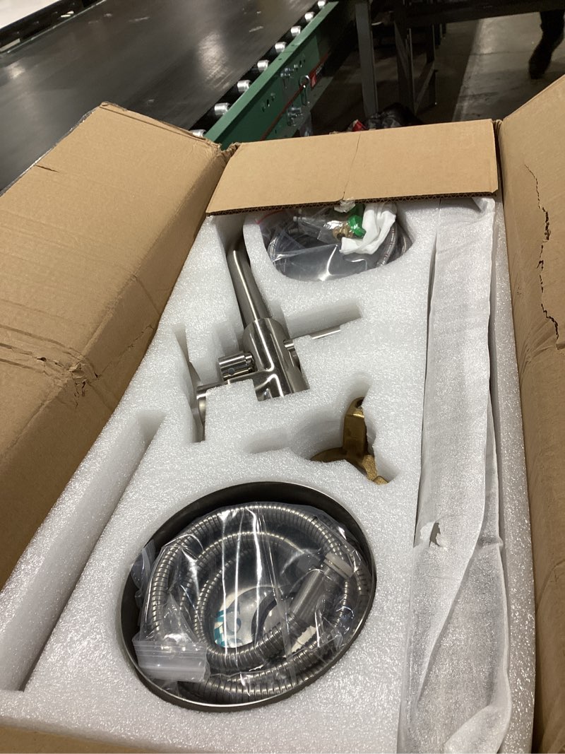 Condition photo showing Good Condition for Freestanding Bathtub Faucet Waterfall Tub Filler Brushed Nickel Floor Mount Brass Single Handle Bathroom Faucets with Hand Shower (Brushed Nickel, Water in the side) Brushed Nickel Water Inlet from the Side