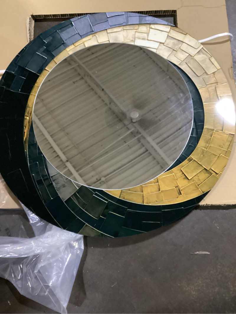 Condition photo showing Good Condition for gold black spiral poteries - abstract spirals wall mirror, gold round decorative mirror, printed metal art