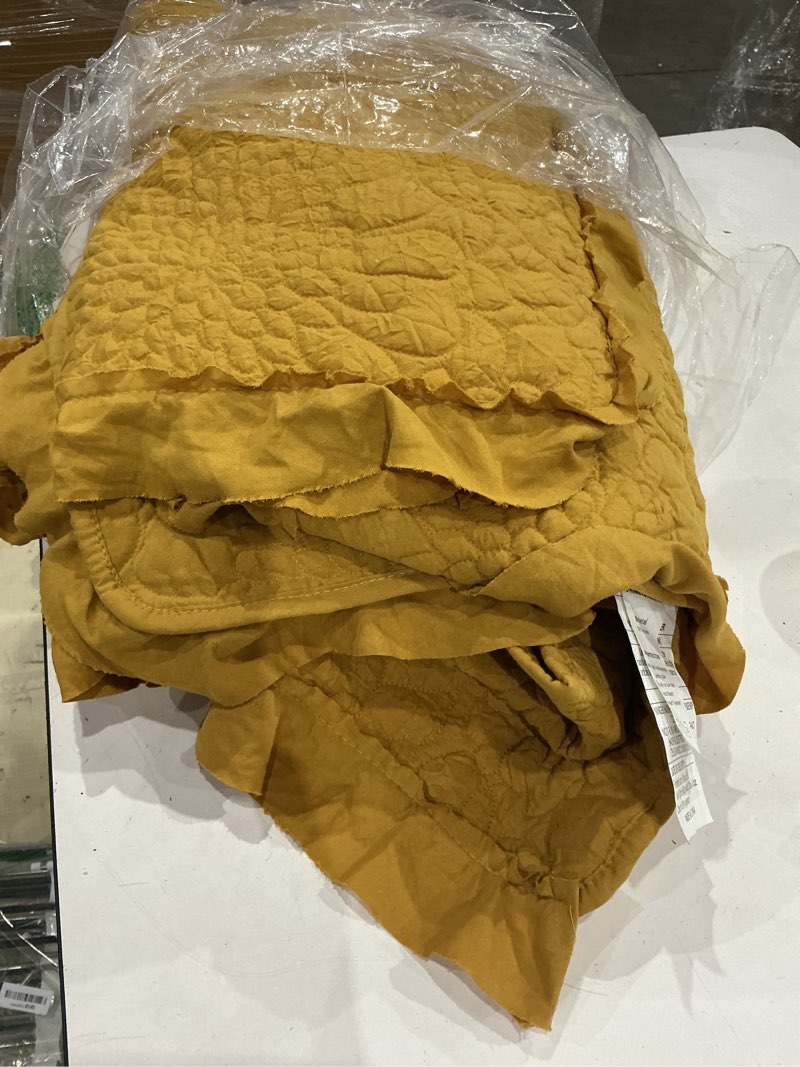 Condition photo showing Good Condition for horimote home yellow ruffled quilt queen size, stone-washed microfiber lightweight crinkled farmhouse rustic shabby chic bedding set, 3 pieces reversible bedspread with pillow shams for all season yellow full/queen(90"x 96")