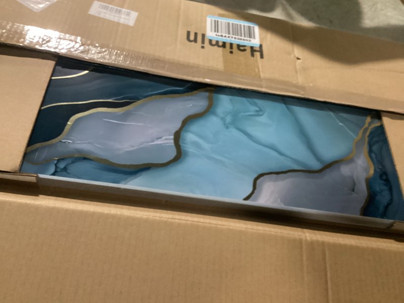 Condition photo showing Good Condition for haimin wall panels peel and stick 10 pieces 23.6x11.8in (19.4 sq. ft. coverage) lightweight backsplash marble look tile (not real marble) ideal for kitchen bathrooms living rooms bedrooms blue gold-010