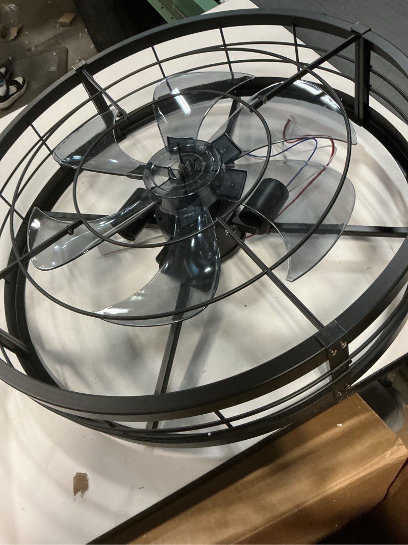 Condition photo showing Good Condition for LEDIARY 22 inch Black Caged Ceiling Fan with Light, Bladeless Industrial Ceiling Fan with Remote, Farmhouse Fan Lights Ceiling Fixtures for Kitchen, Bedroom, Outdoor?6 Speed, Timing?-Black Black 22 Inch