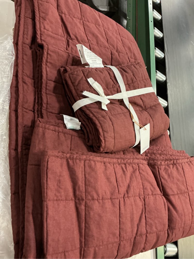 Condition photo showing As Is for (full/queen, color burgundy)european linen box quilted sham set(quince)
