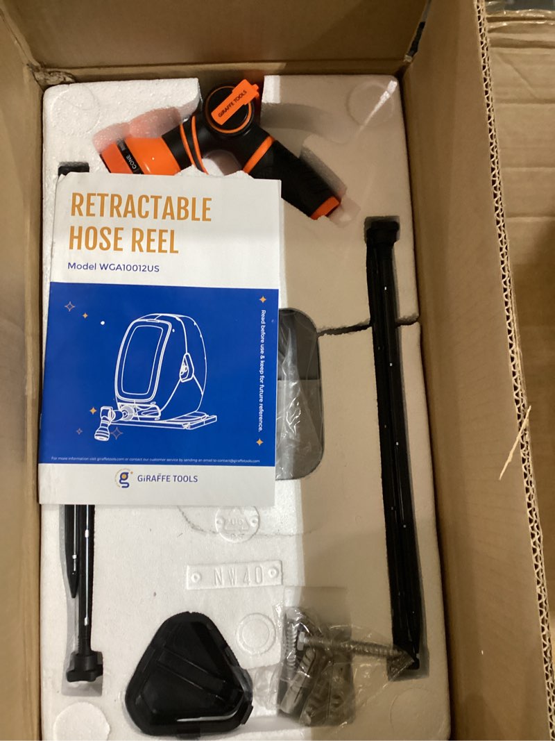 Condition photo showing Good Condition for giraffe tools retractable hose reel with 1/2 inch x 100ft, heavy duty ground mount garden hose reel, automatic rewind,with 9-function sprayer nozzle & flexible swivel base 100 ft 1/2 inch