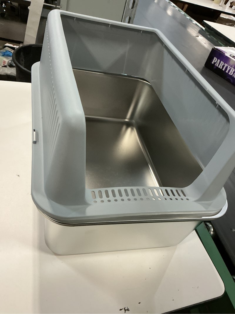 Condition photo showing As Is for 2PACK Stainless Steel Cat Litter Box with Lid,19.7” L x 13.8” W x 11.8”H Deep,Large Metal Litter Box with High Side,for Small and Large Cats,Anti-Leakage Non-Sticky Include Litter Scoop 2PACK-Grey