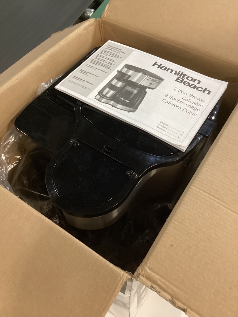 Condition photo showing As Is for Hamilton Beach 2-Way Programmable Coffee Maker, 12 Cup Glass Carafe And Single Serve Coffee Maker, Black with Stainless Steel Accents, 49980RG 12 Cup Black