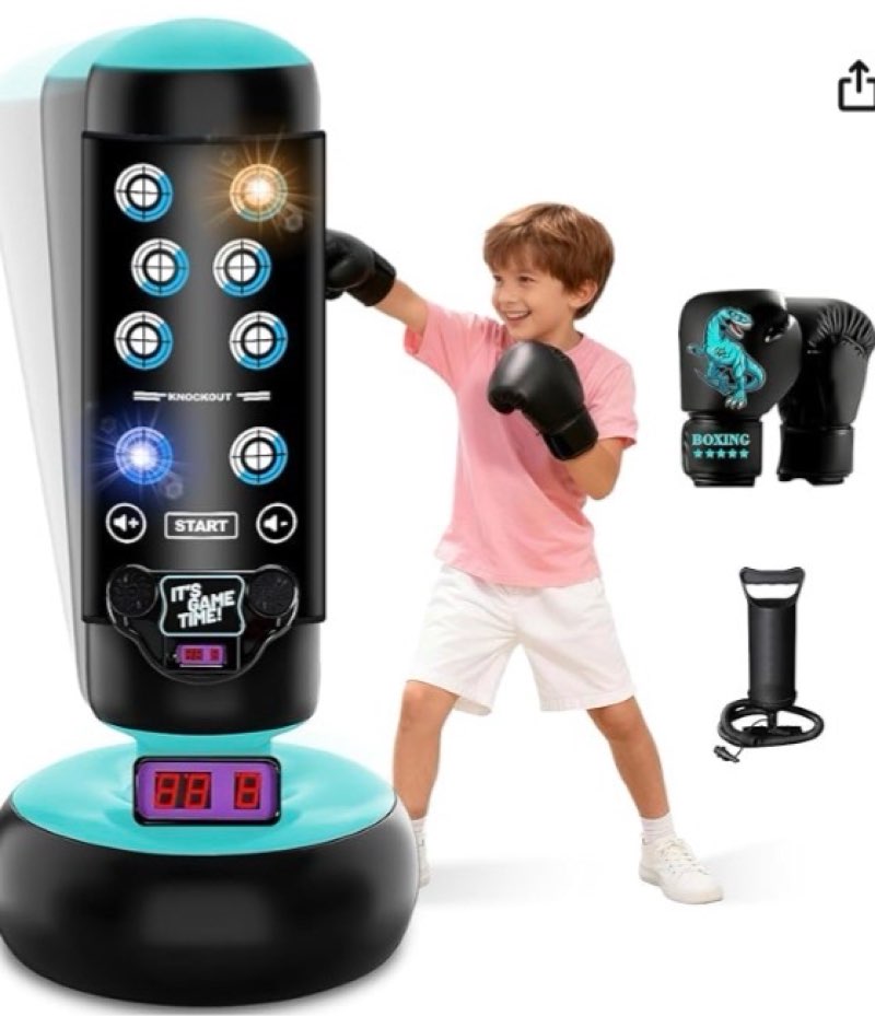 punching bag for kids, 66 inch inflatable boxing bag with boxing gloves, kid boxing set with scoring, light, music, stand kids punching bag toy for age 4-12, for practicing karate, taekwondo, mma