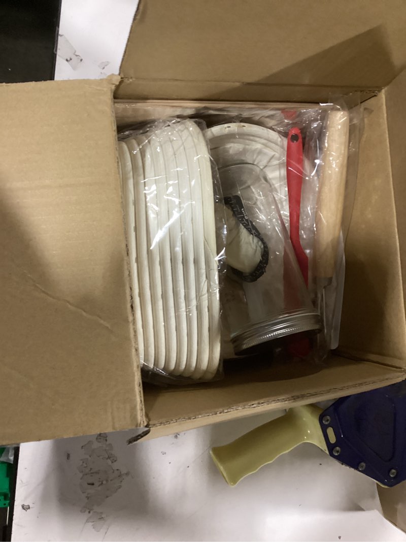 Condition photo showing As Is for sourdough starter kit - banneton proofing basket 9 inch round & 10 oval, complete sourdough bread baking supplies with starter jar, bread sling, lame, danish dough whisk, bags