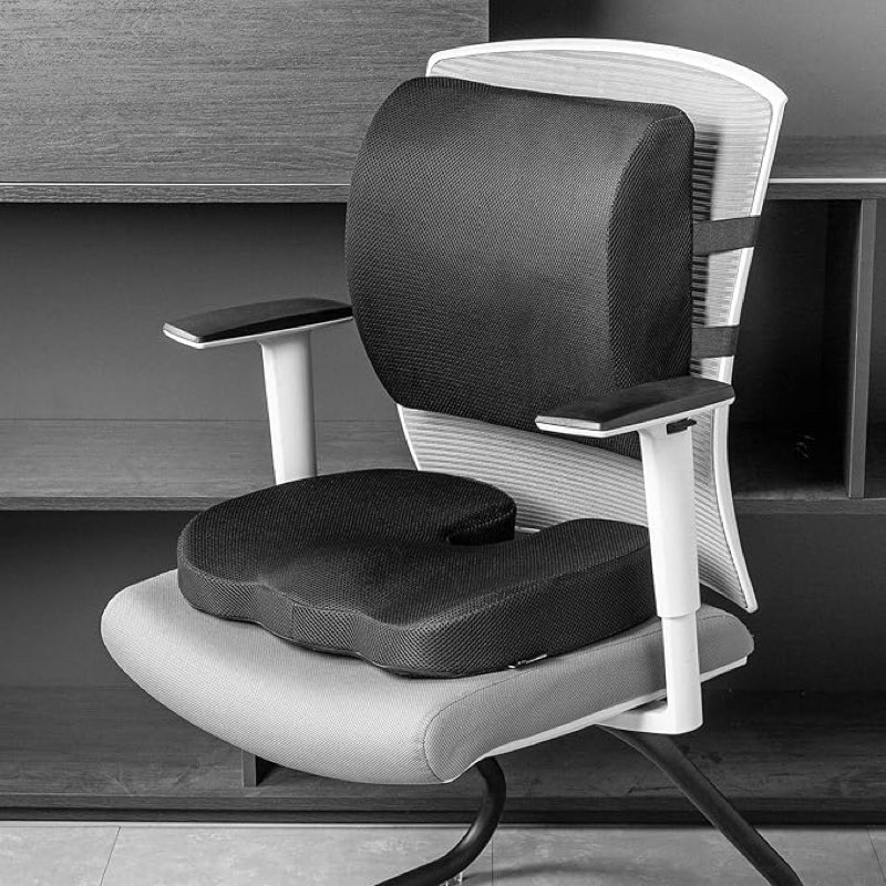 amazon basics comfortable seat cushion & lumbar support for office chairs, memory foam with cooling gel, non-slip, black