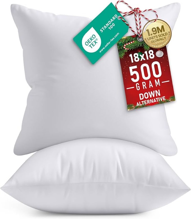 Utopia Bedding 18x18 Pillow Inserts, Set of 2, White – Indoor Decorative Throw Pillows for Bed, Sofa & Couch – Soft, Supportive & Fluffy Cushion Inserts