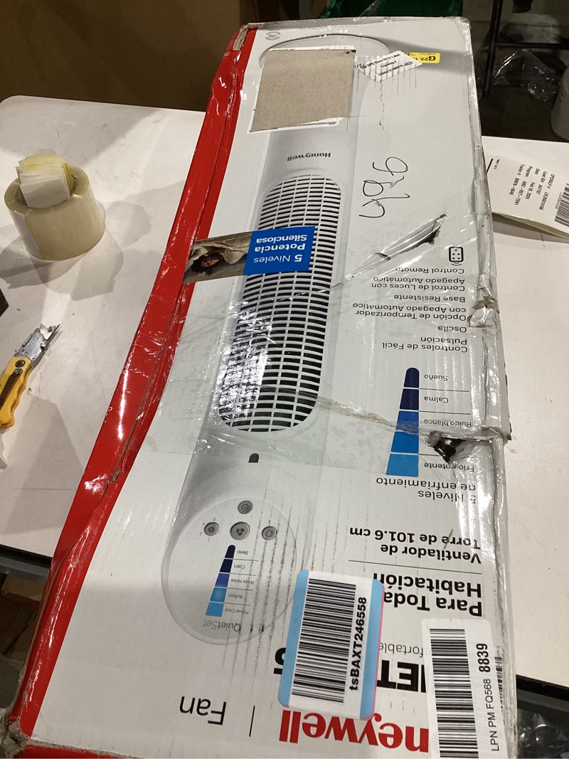 Condition photo showing As Is for Honeywell QuietSet Whole Room Oscillating Tower filter Fan with Remote, White, HYF260