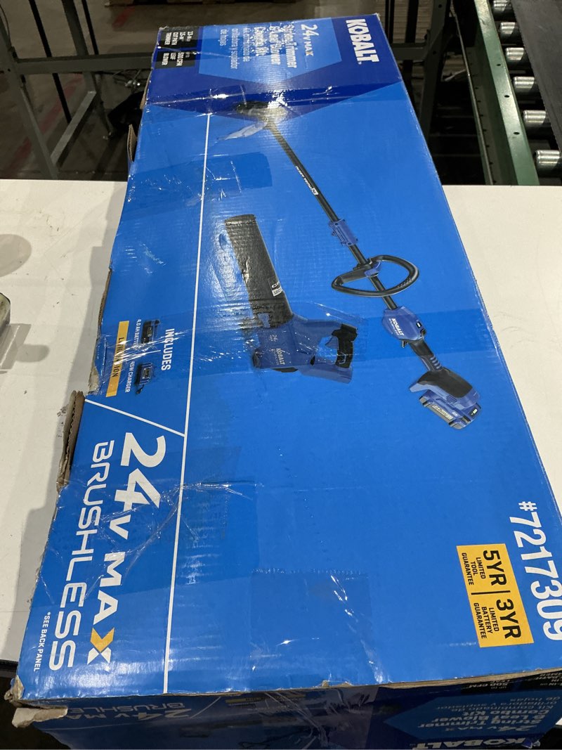 Condition photo showing As Is for kobalt quiet tech 24-volt cordless battery string trimmer and leaf blower and combo kit 4 ah (battery included) (charger included)