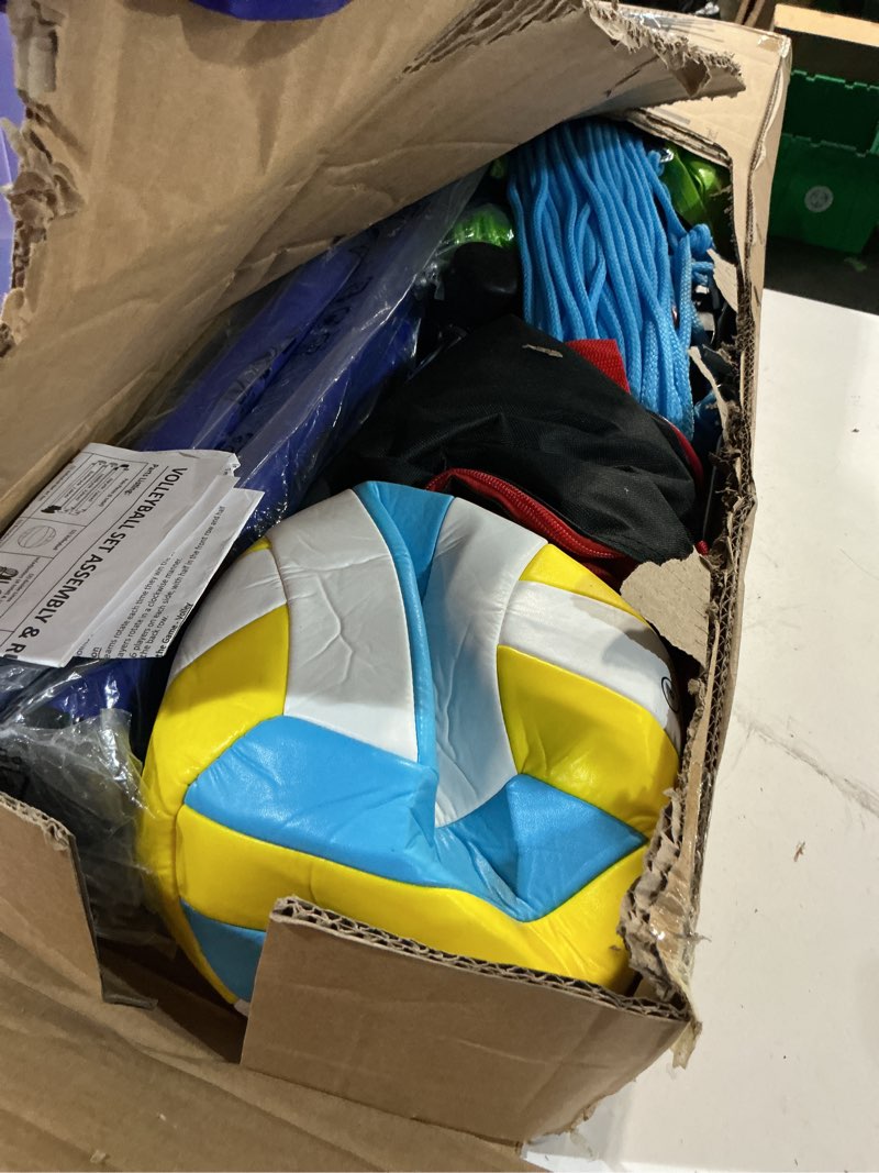 Condition photo showing Good Condition for outdoor portable volleyball net system - adjustable height poles with soft volleyball ball, pump, hammer, boundary line, and carry bag for backyard, beach, lawn 32ft blue green