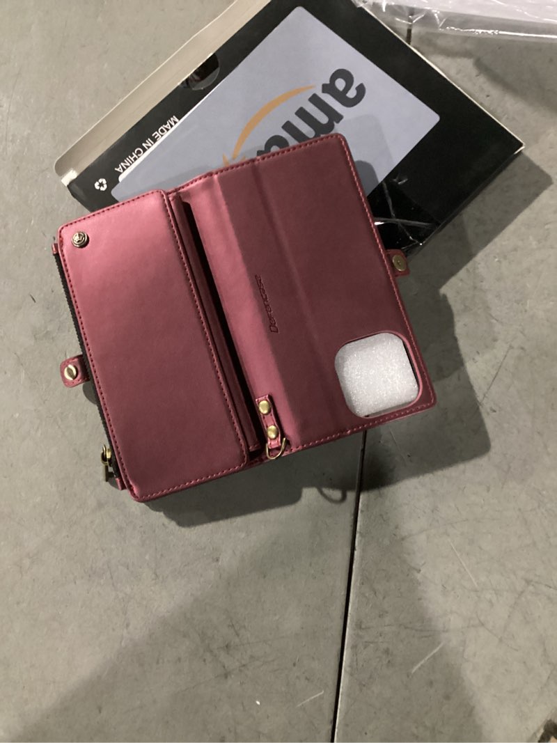 Condition photo showing As Is for Defencase for iPhone 15 Magnetic Wallet Case Compatible with Magsafe with RFID Blocking Zipper & Card Holder for Women Men, PU Leather Strap Detachable Phone Case for iPhone 15 (6.1 inches), Wine Red iPhone 15 (6.1" dual cameras) (Detachable with Magsafe)-Wine Red