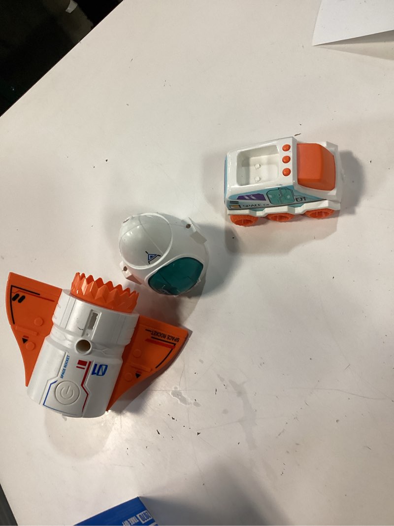 Condition photo showing As Is for jomifin spaceship toy for boys girls, space shuttle toys with lights&sound, 3 astronauts figure, openable cockpit, spray exhaust, astro venture space playset with lunar car (orange)