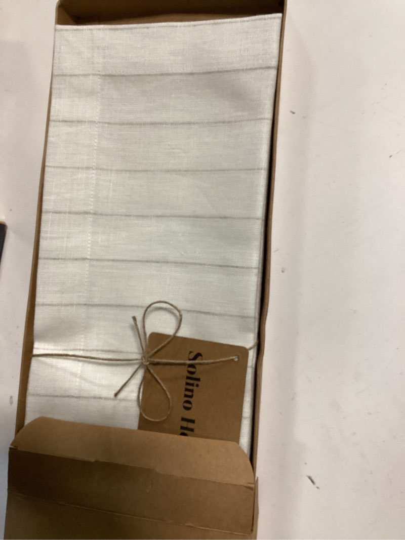 Condition photo showing New/Like New for Solino Home Linen Placemats Set of 4 - Pinstripe Black and White Placemats 14 x 19 Inch - 100% Pure Linen Place Mats for Winter, Spring Black & White 14" x 19" (Set of 4)