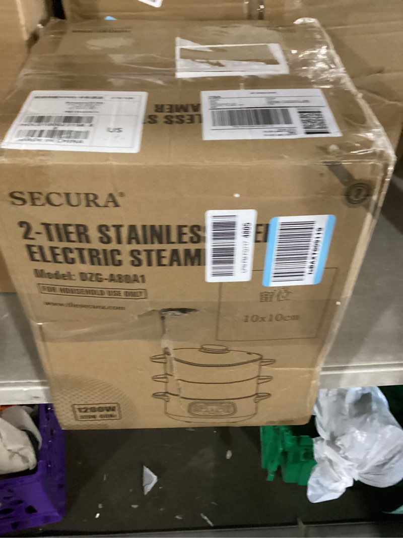 Condition photo showing New/Like New for secura electric food steamer, vegetable double tiered stackable baskets with timer 1200w fast heating stainless steel digital steamer 8.5 quart