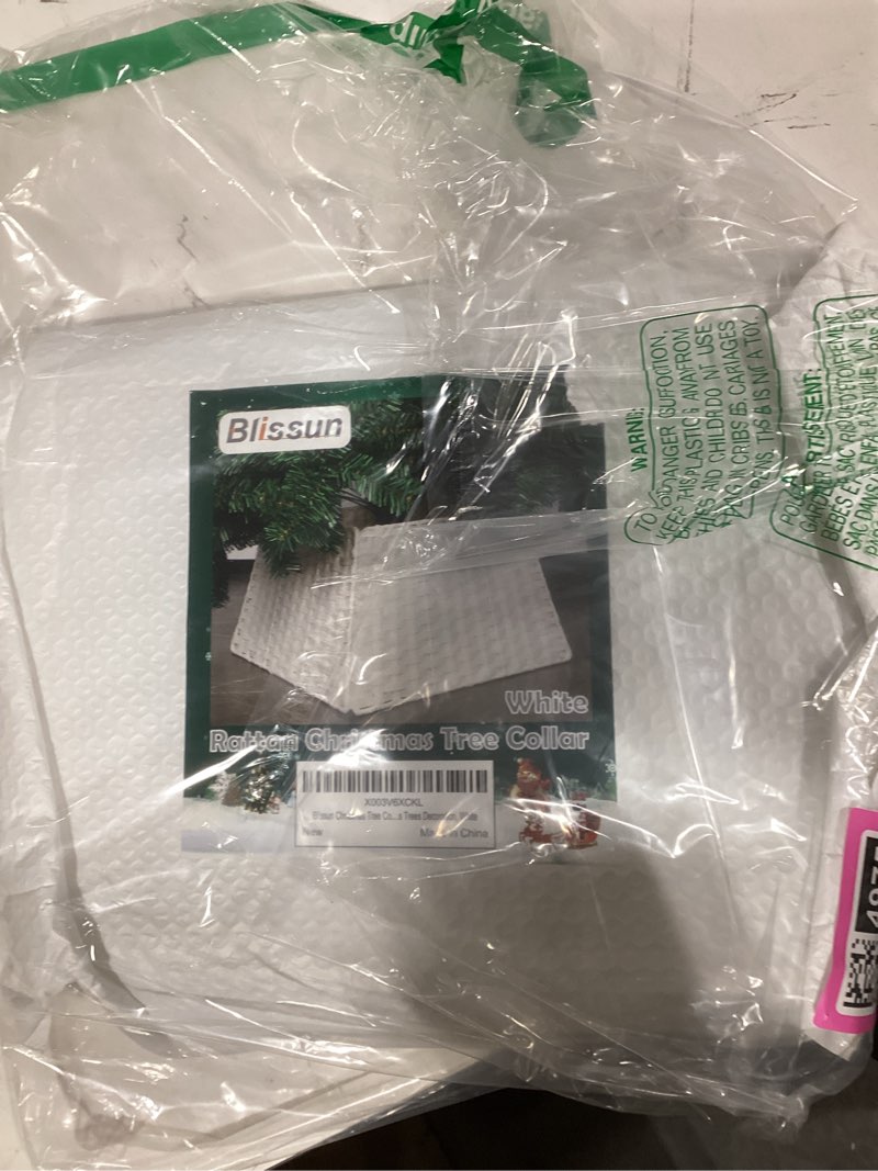 Condition photo showing Good Condition for Blissun Christmas Tree Collar, Plastic Rattan Xmas Tree Ring, Farmhouse Christmas Tree Collar, Christmas Tree Skirt for Artificial Christmas Trees Decoration, White