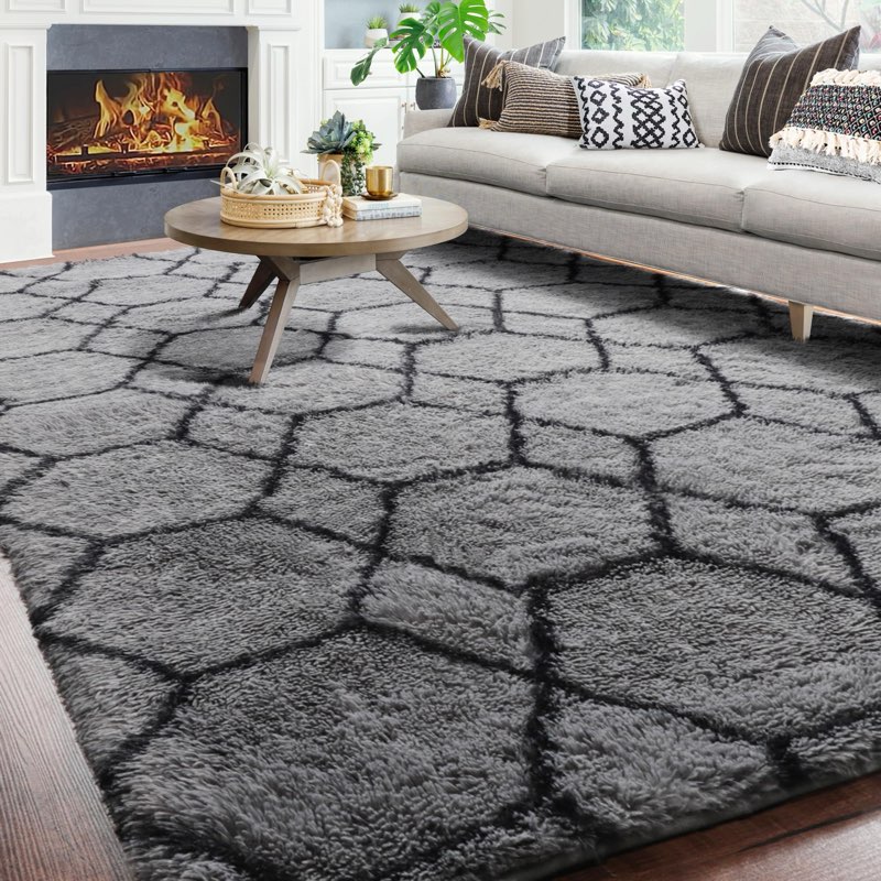 ONASAR 7x9 Area Rugs for Living Room Bedroom, Washable Large Fluffy Grey and Black Throw Rug, Geomet