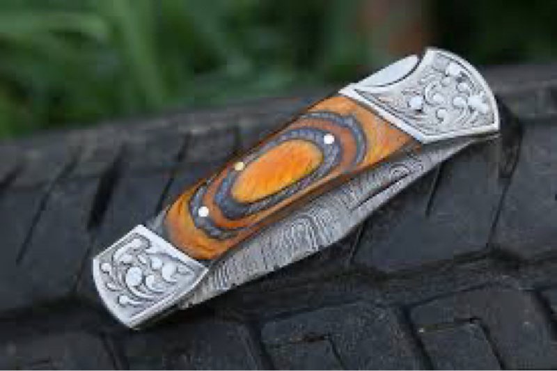 W Trading Hand made Damascus steel blade Pocket knife with leather sheath 5170 Orange, knives for me